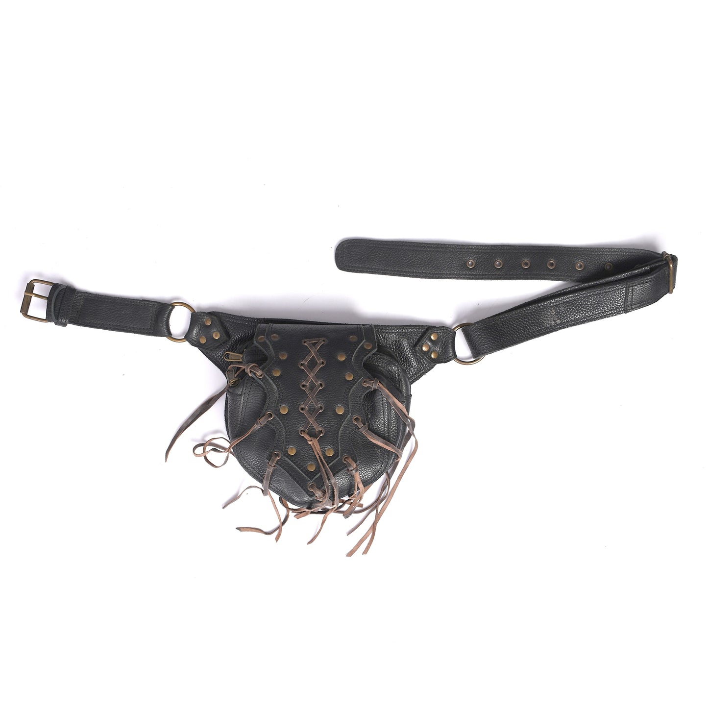 Black Leather Hip Bag – Boho Utility Belt Pouch with Fringe & Lace-Up Design