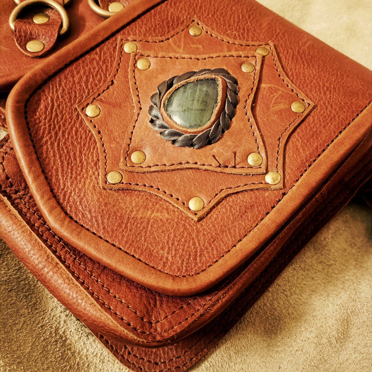Handcrafted Leather Hip Bag – Utility Belt Pouch with Stone Design