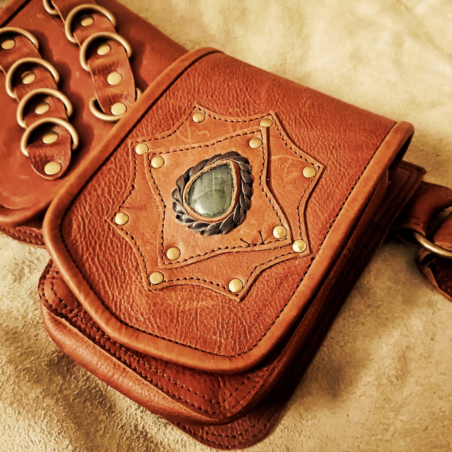Handcrafted Leather Hip Bag – Utility Belt Pouch with Stone Design
