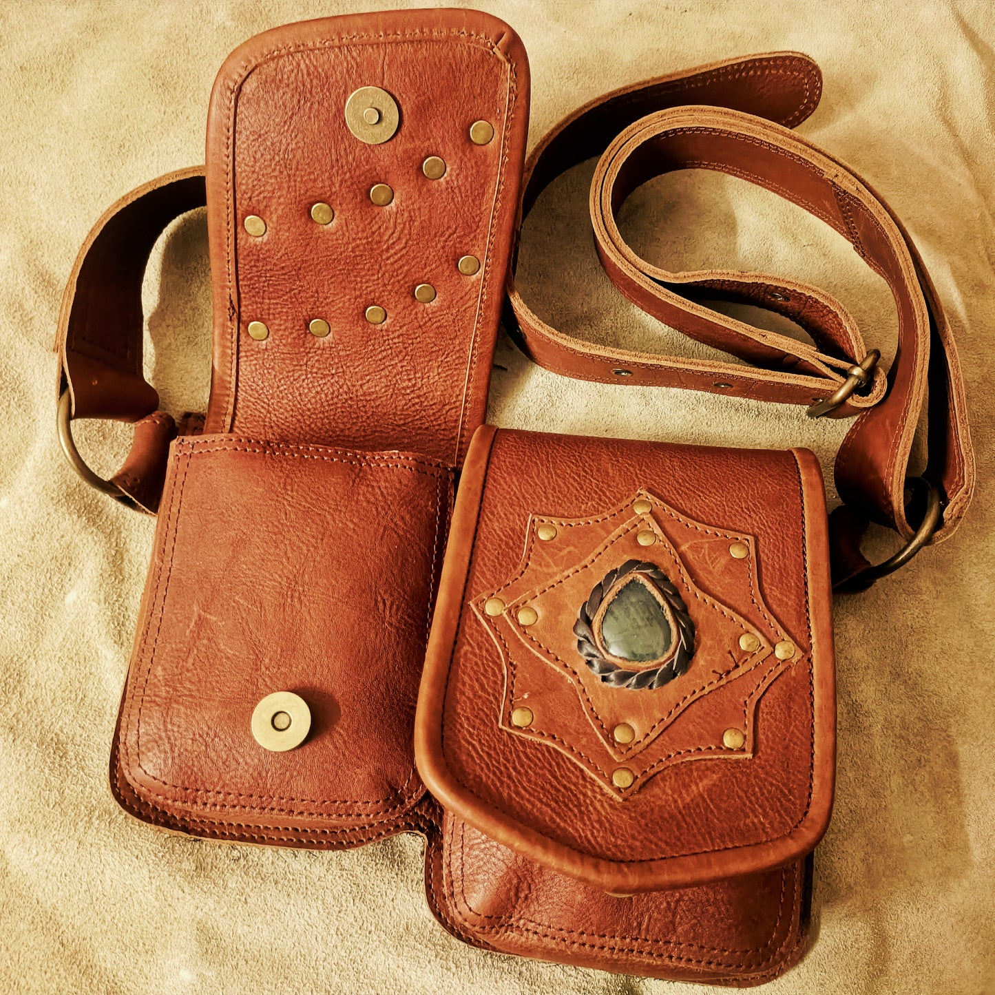Handcrafted Leather Hip Bag – Utility Belt Pouch with Stone Design