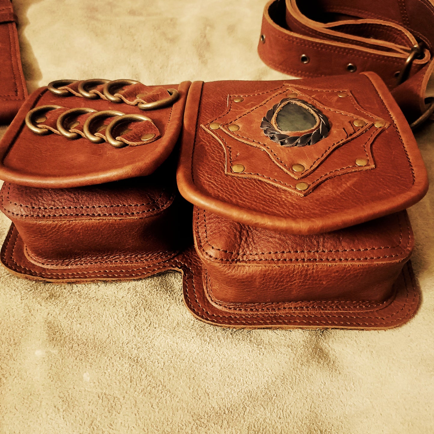 Handcrafted Leather Hip Bag – Utility Belt Pouch with Stone Design