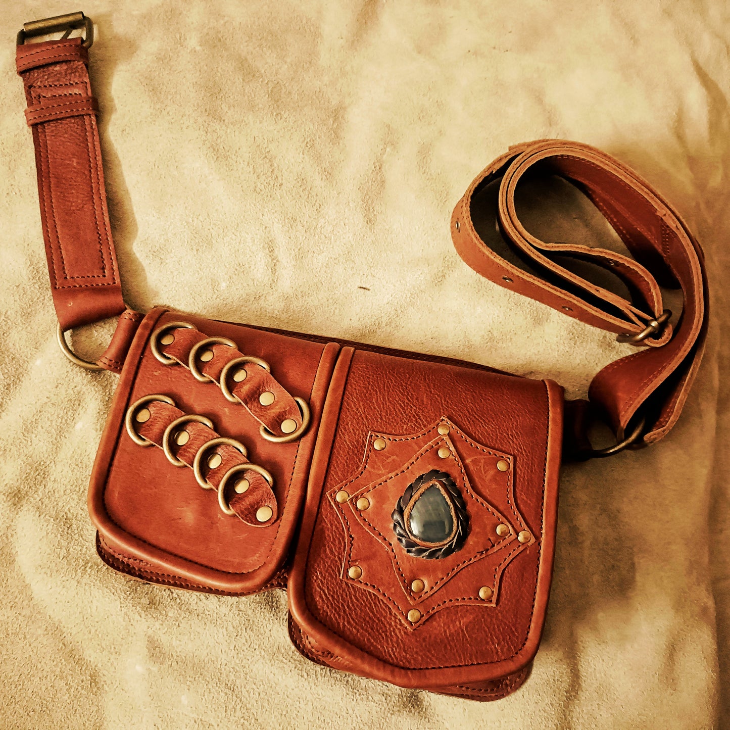 Handcrafted Leather Hip Bag – Utility Belt Pouch with Stone Design