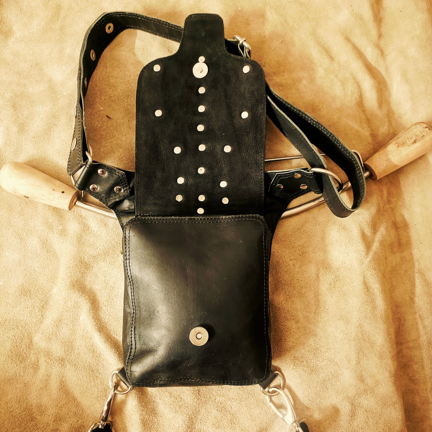 Black Leather Hip Bag – Gothic Utility Belt Pouch with Metal Rings