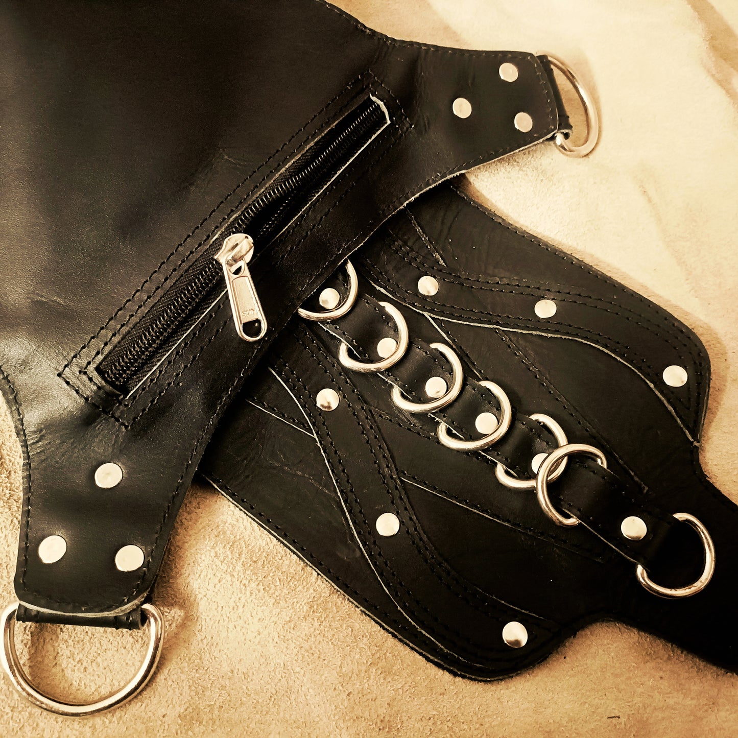 Black Leather Hip Bag – Gothic Utility Belt Pouch with Metal Rings