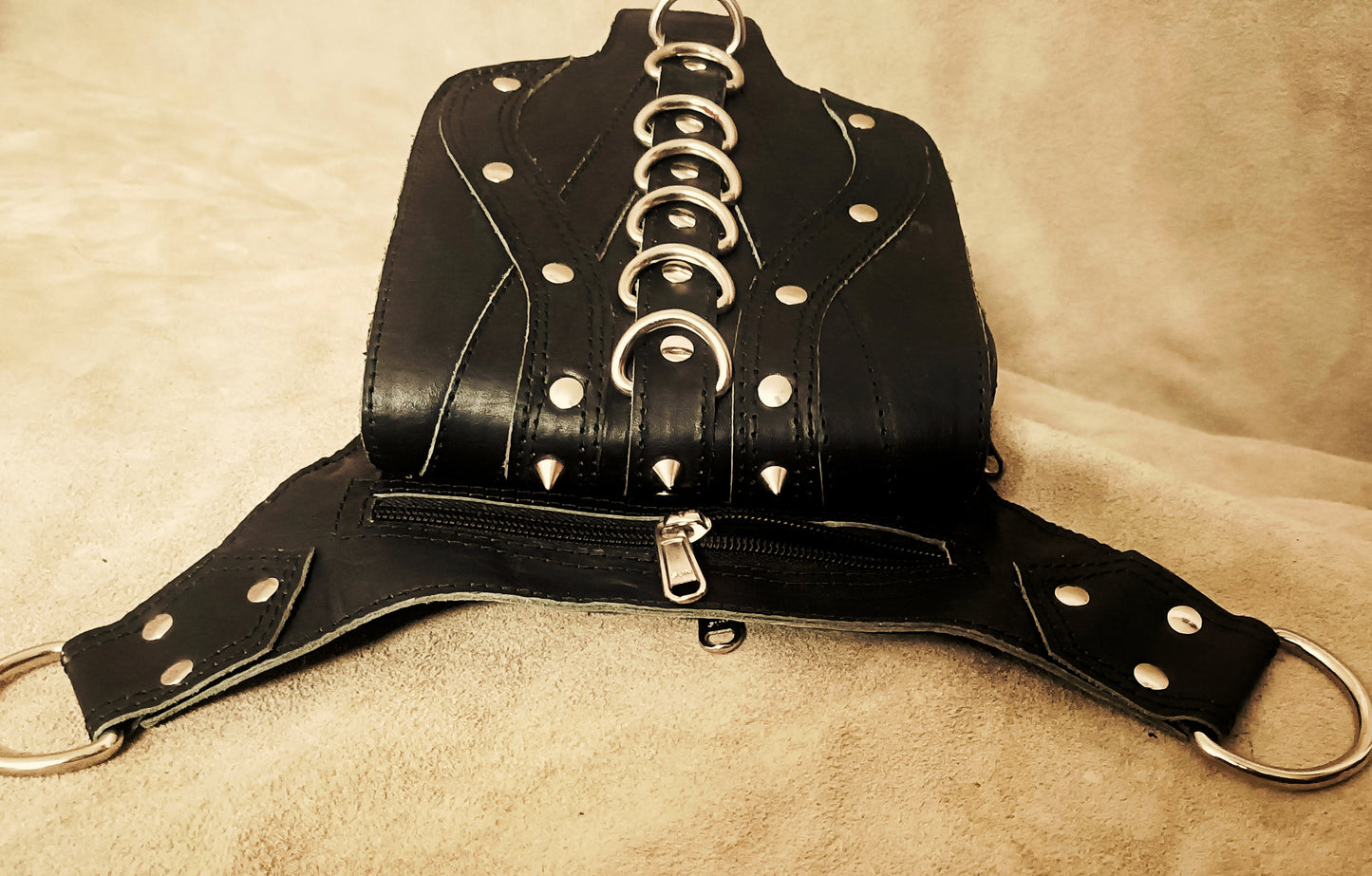 Black Leather Hip Bag – Gothic Utility Belt Pouch with Metal Rings