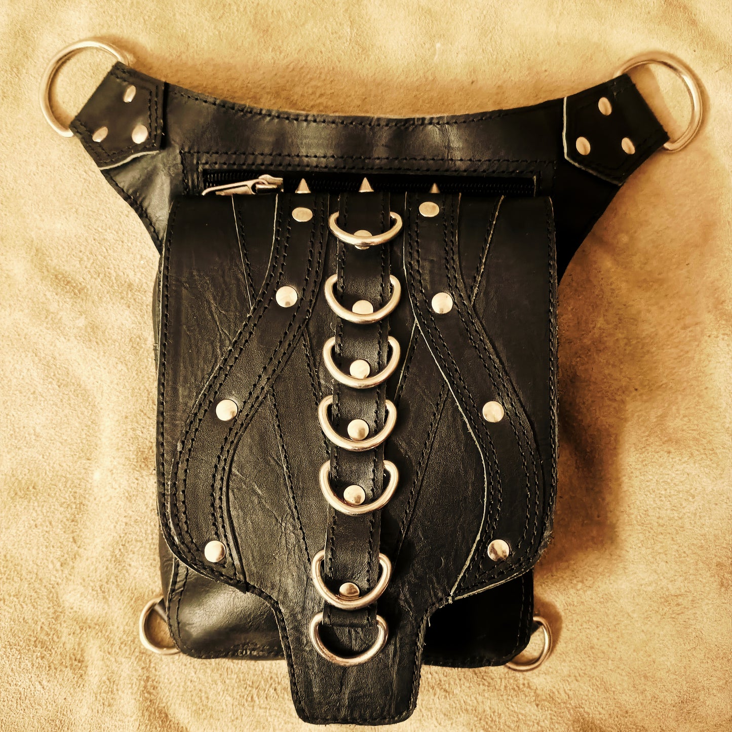 Black Leather Hip Bag – Gothic Utility Belt Pouch with Metal Rings