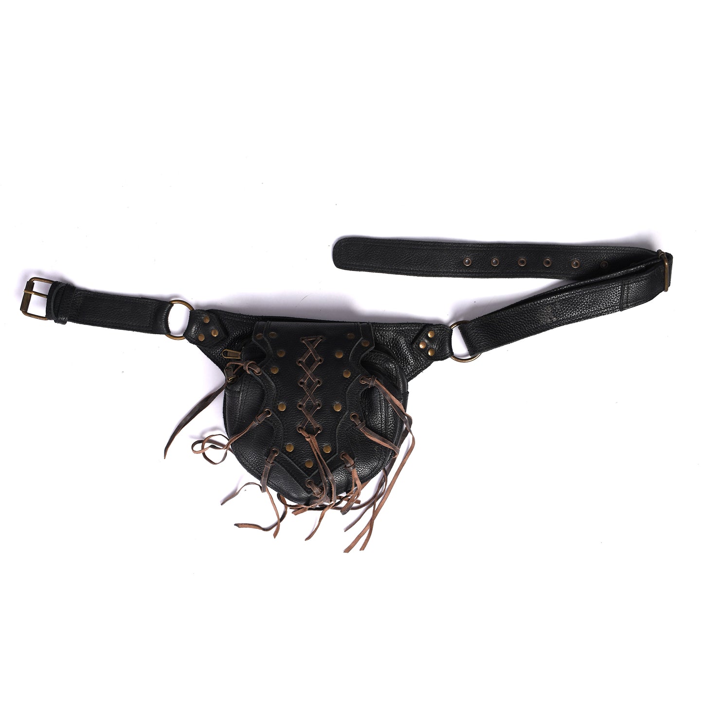Black Leather Hip Bag – Boho Utility Belt Pouch with Fringe & Lace-Up Design