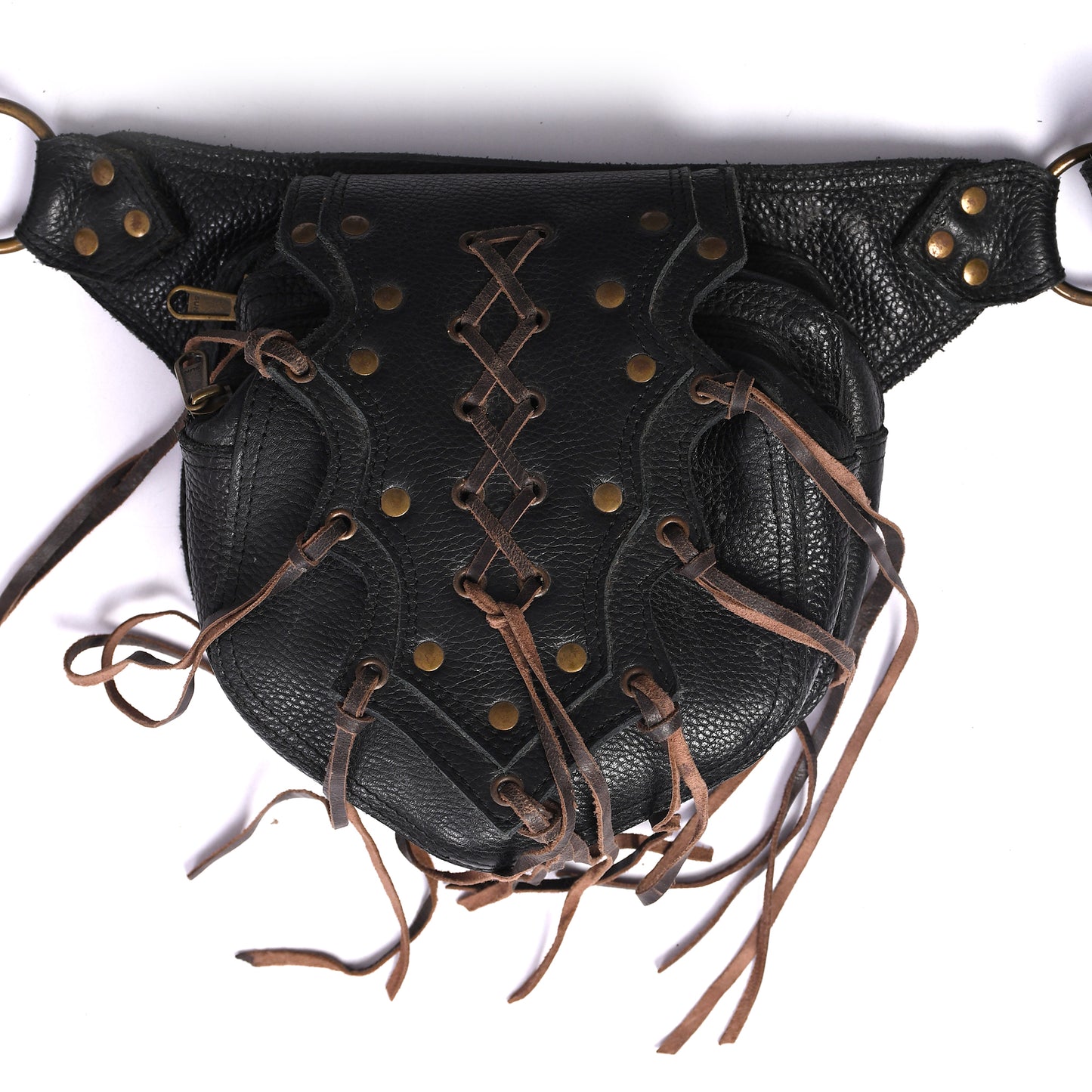 Black Leather Hip Bag – Boho Utility Belt Pouch with Fringe & Lace-Up Design
