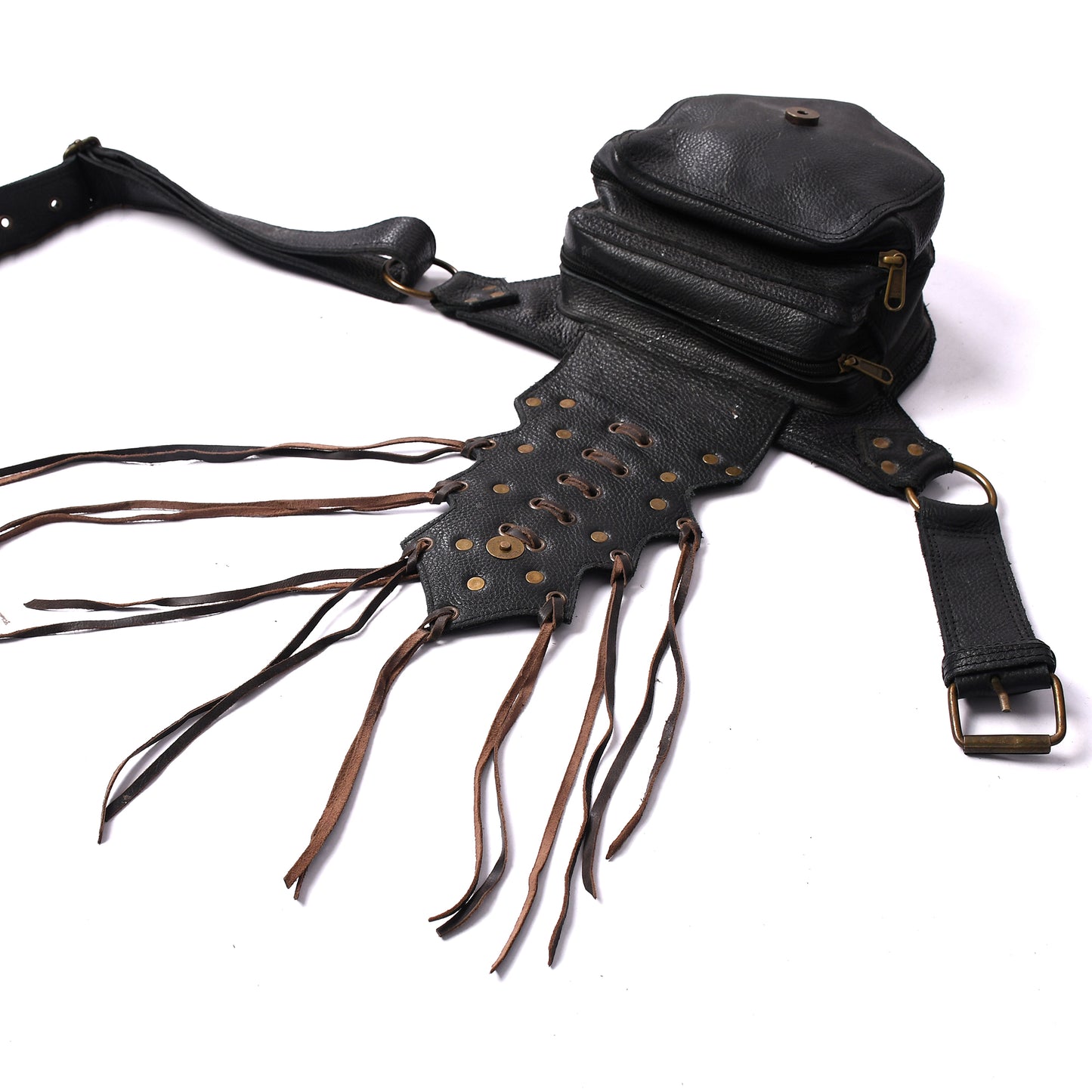 Black Leather Hip Bag – Boho Utility Belt Pouch with Fringe & Lace-Up Design