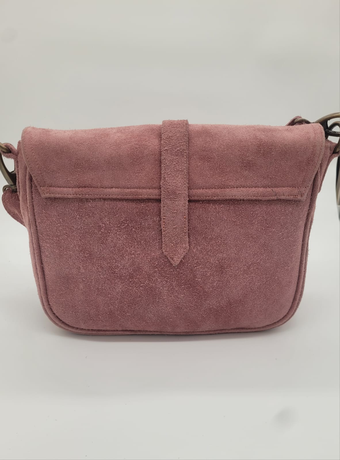 Blush Pink Suede Leather Crossbody Bag – Vintage Buckle Style