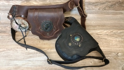 Handmade Leather Belt Bag – Boho Festival Pouch with Stone Detail (Brown/Black)