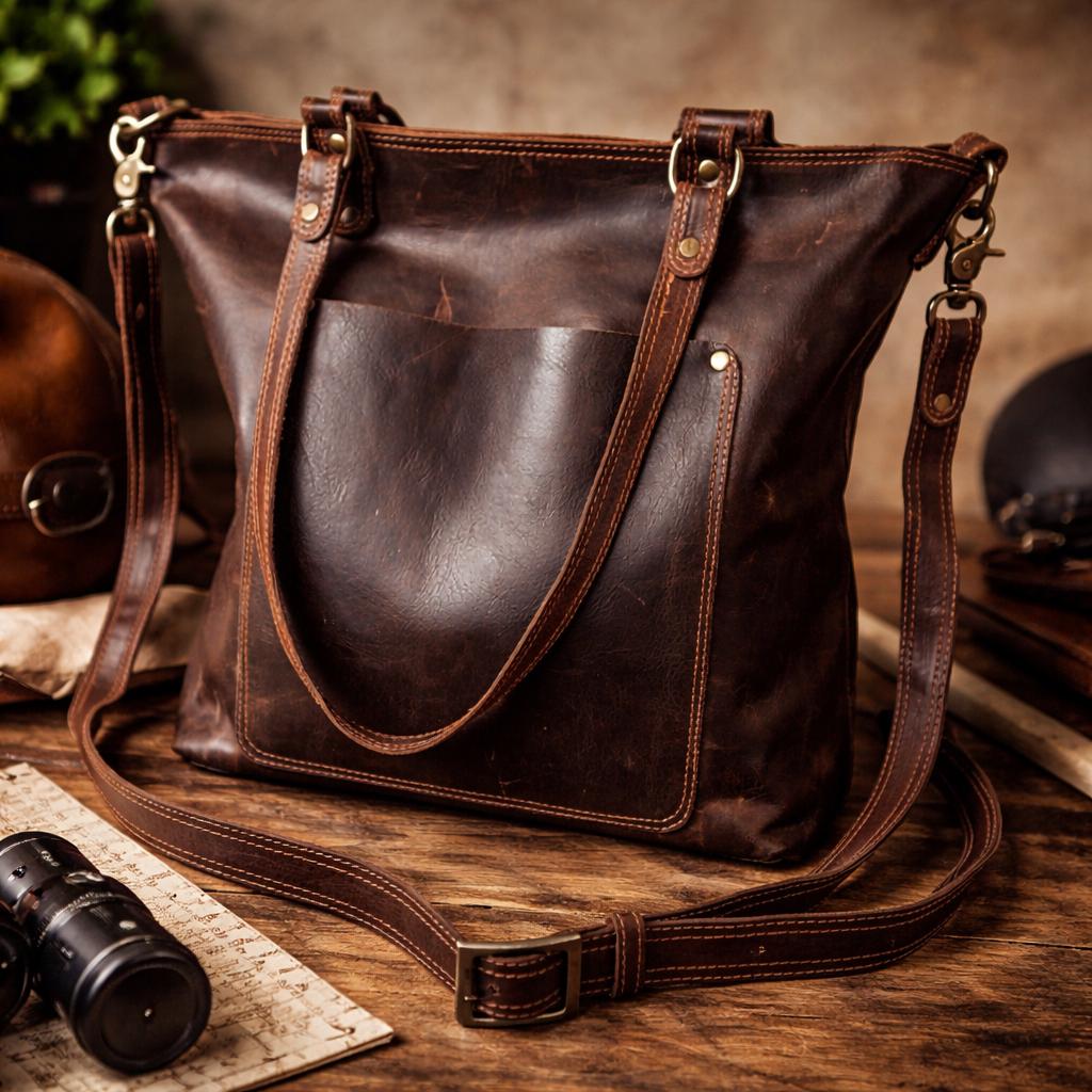 Full-Grain Leather Tote Bag, Vintage Shoulder Handbag, Rustic Brown Crossbody Bag