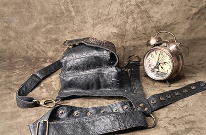 Handmade Leather Belt Pouch Combo | Gemstone Detail, Steampunk Biker Style (Free Gift)