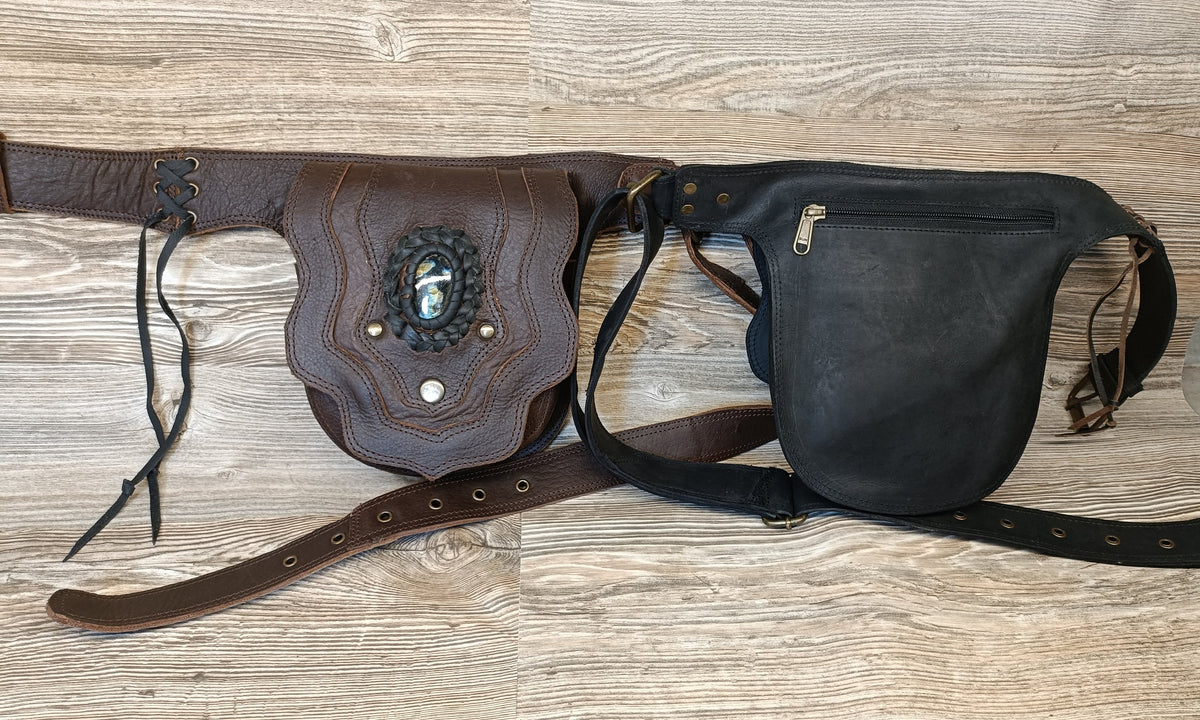 Handmade Leather Belt Bag – Boho Festival Pouch with Stone Detail (Brown/Black)