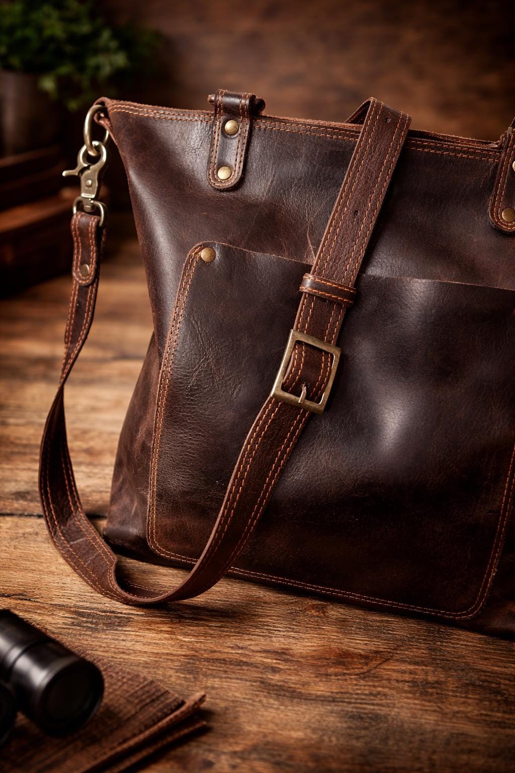 Full-Grain Leather Tote Bag, Vintage Shoulder Handbag, Rustic Brown Crossbody Bag