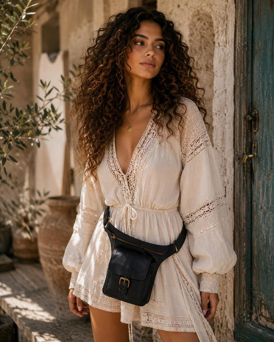 Handmade Full-Grain Leather Belt Pouch | Boho Festival Fanny Pack (Black)
