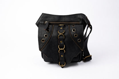 Handmade Leather Belt Bag | Boho Festival Pouch with Stone Detail (Brown/Black)