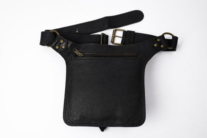 Handmade Leather Belt Bag | Boho Festival Pouch with Stone Detail (Brown/Black)