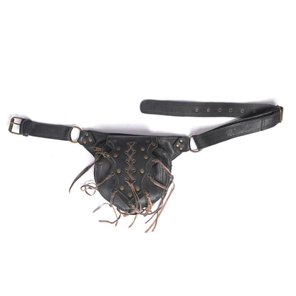 Black Leather Hip Bag – Boho Utility Belt Pouch with Fringe & Lace-Up Design