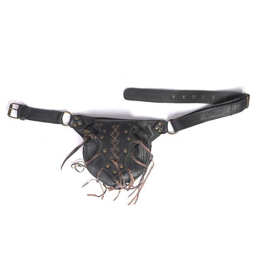 Black Leather Hip Bag – Boho Utility Belt Pouch with Fringe & Lace-Up Design