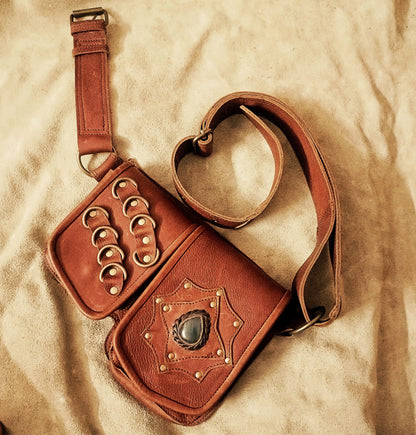 Handcrafted Leather Hip Bag – Utility Belt Pouch with Stone Design