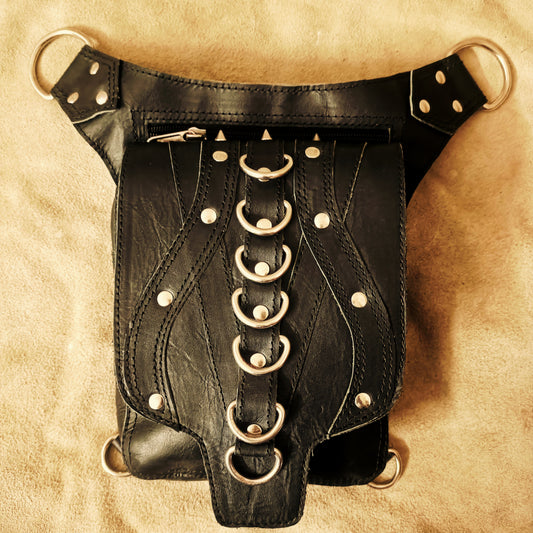 Black Leather Hip Bag – Gothic Utility Belt Pouch with Metal Rings