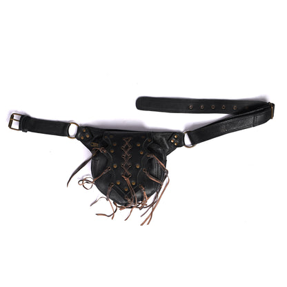 Black Leather Hip Bag – Boho Utility Belt Pouch with Fringe & Lace-Up Design