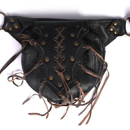 Black Leather Hip Bag – Boho Utility Belt Pouch with Fringe & Lace-Up Design
