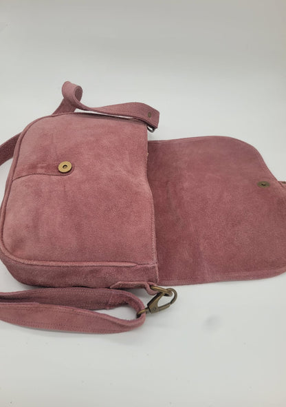 Blush Pink Suede Leather Crossbody Bag – Vintage Buckle Style