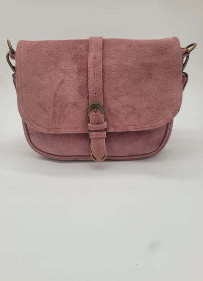 Blush Pink Suede Leather Crossbody Bag – Vintage Buckle Style