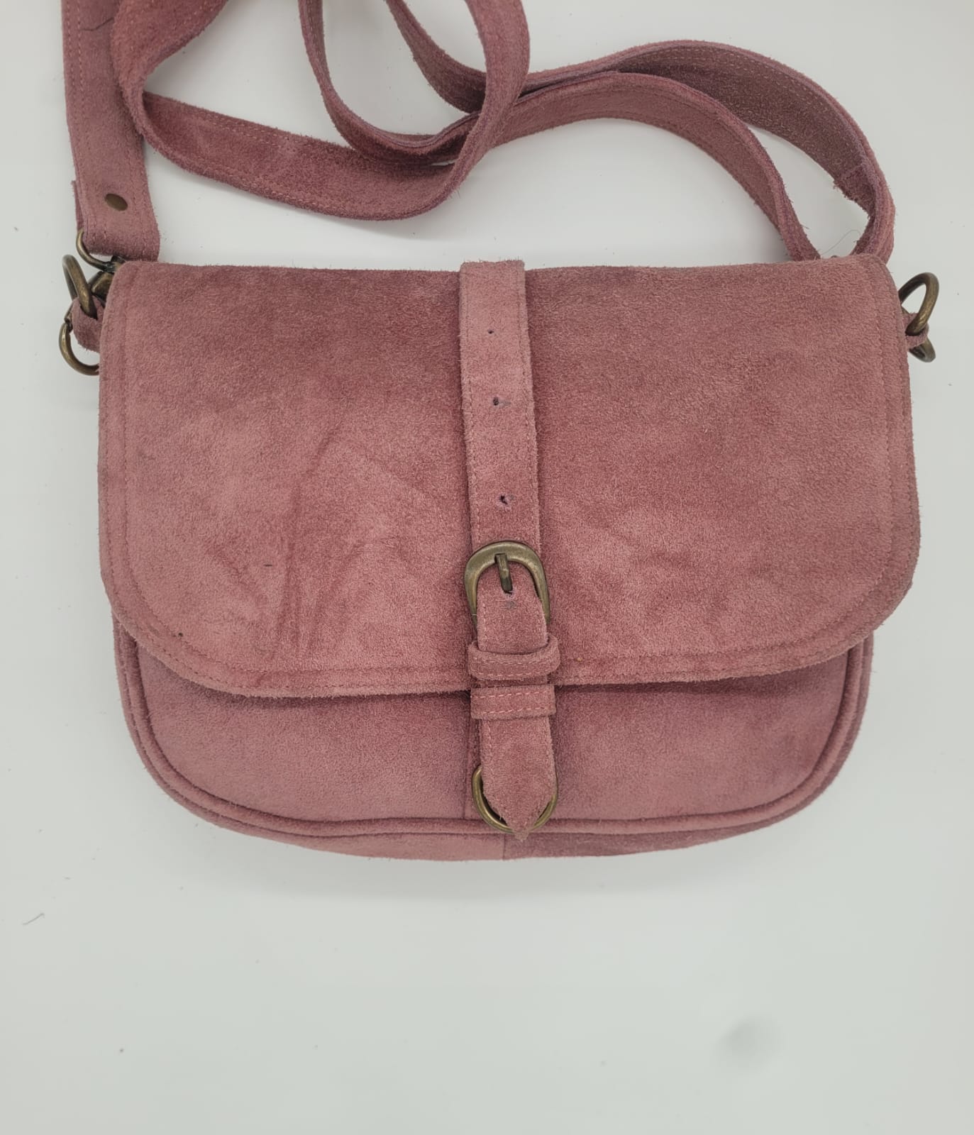 Blush Pink Suede Leather Crossbody Bag – Vintage Buckle Style