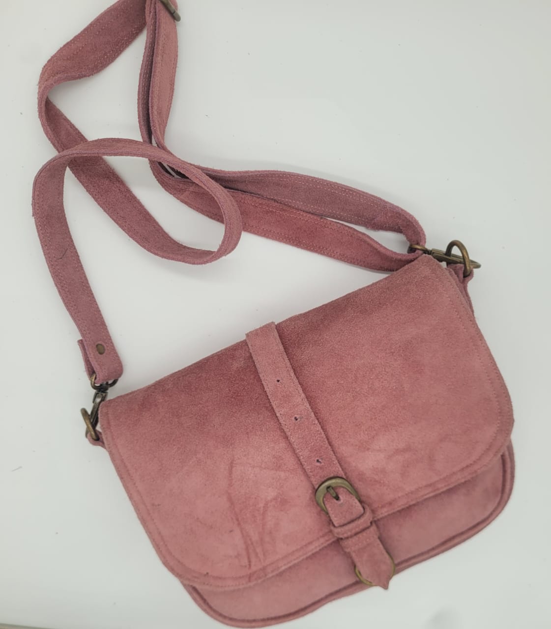 Blush Pink Suede Leather Crossbody Bag – Vintage Buckle Style
