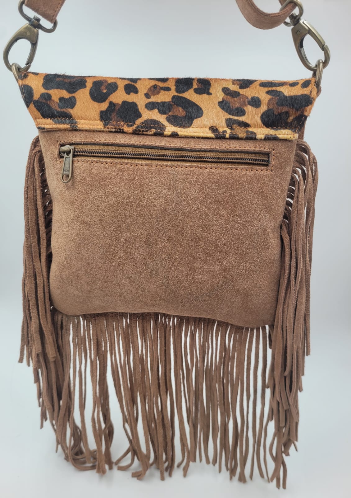 Boho Chic Leather Fringe Crossbody Bag – Leopard Print Flap