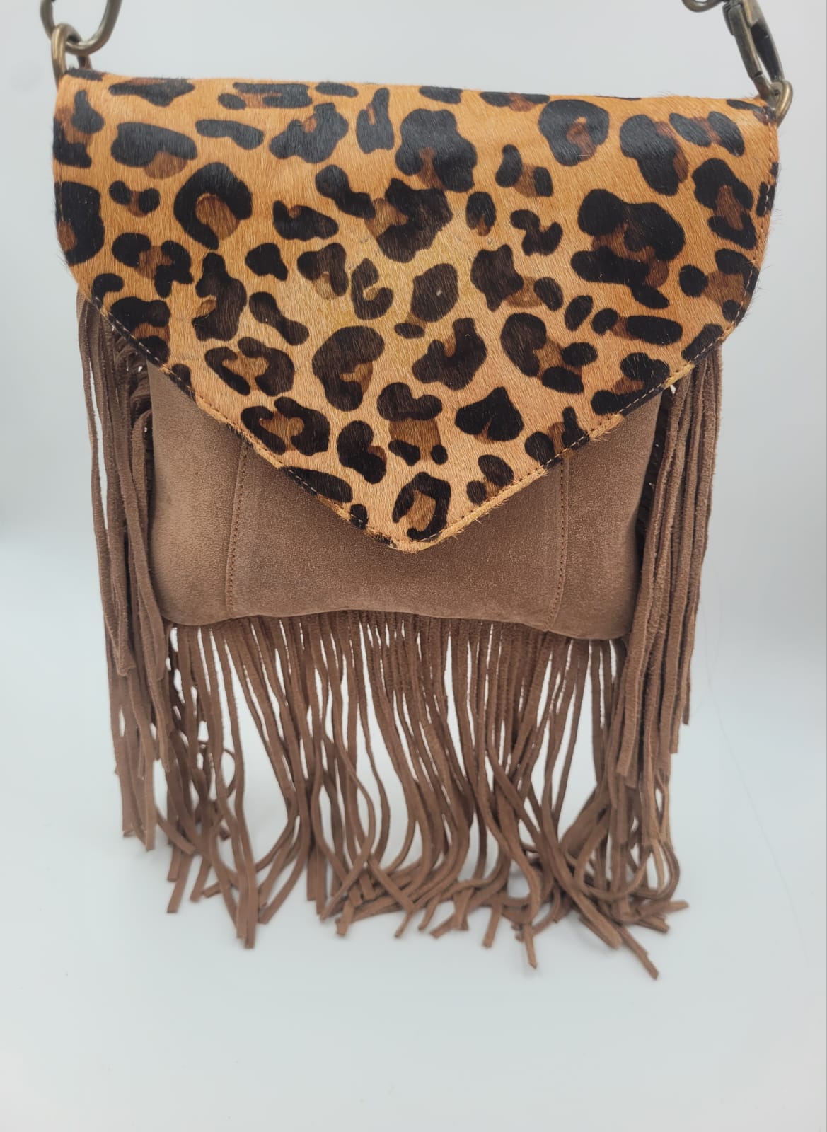 Boho Chic Leather Fringe Crossbody Bag – Leopard Print Flap