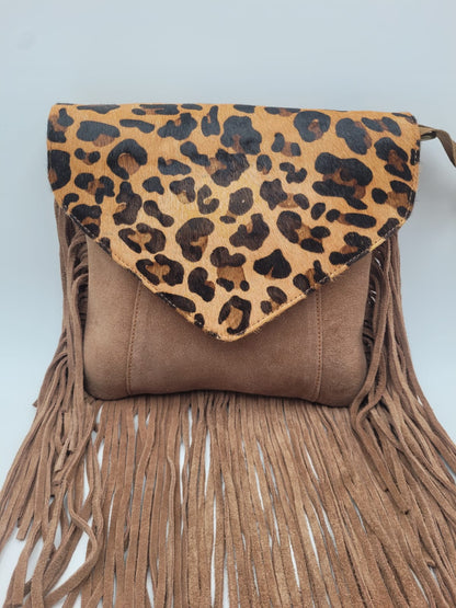 Boho Chic Leather Fringe Crossbody Bag – Leopard Print Flap
