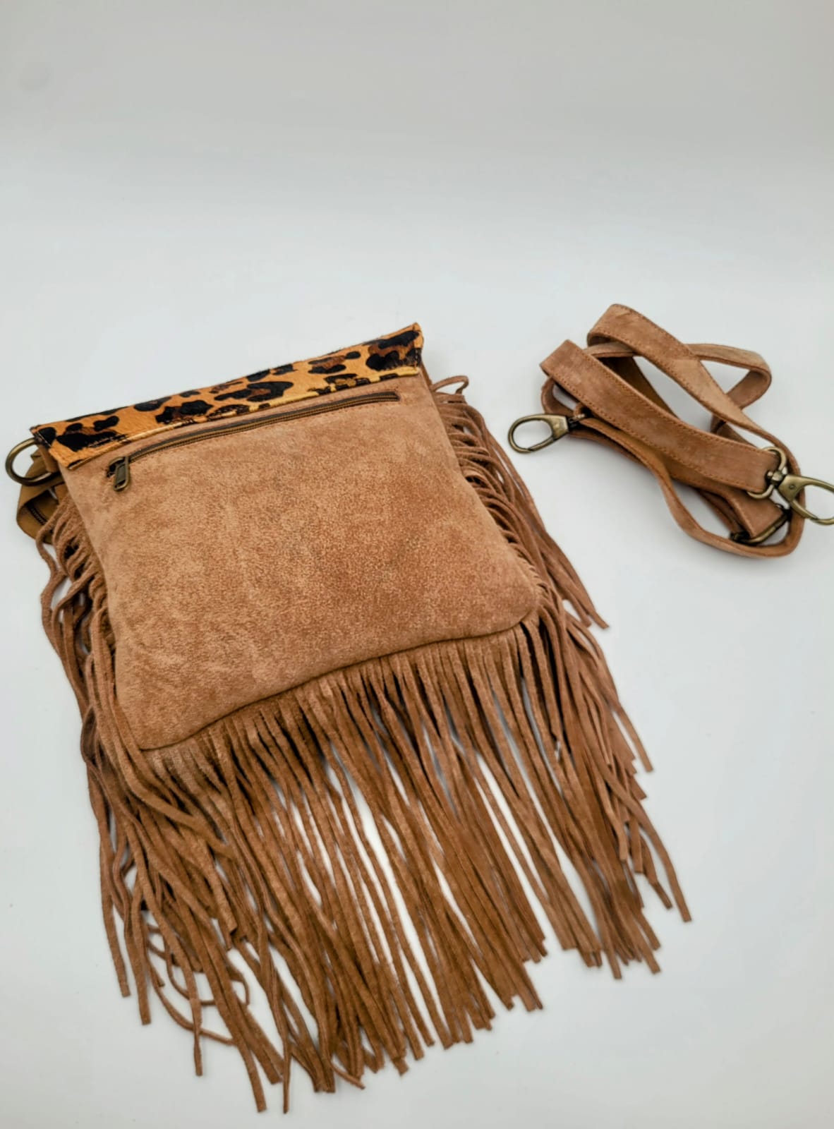 Boho Chic Leather Fringe Crossbody Bag – Leopard Print Flap