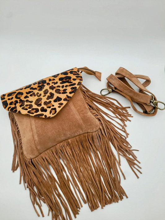 Boho Chic Leather Fringe Crossbody Bag – Leopard Print Flap