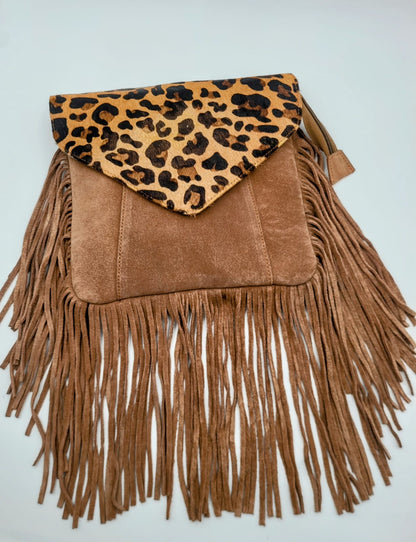 Boho Chic Leather Fringe Crossbody Bag – Leopard Print Flap