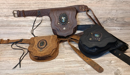 Handmade Leather Belt Bag – Boho Festival Pouch with Stone Detail (Brown/Black)