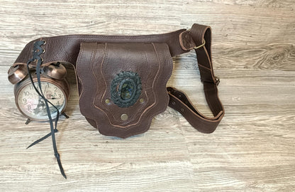 Handmade Leather Belt Bag – Boho Festival Pouch with Stone Detail (Brown/Black)