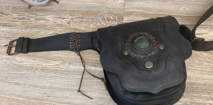 Handmade Leather Belt Bag – Boho Festival Pouch with Stone Detail (Brown/Black)