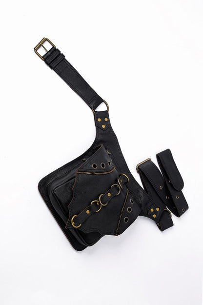 Handmade Leather Belt Bag | Boho Festival Pouch with Stone Detail (Brown/Black)